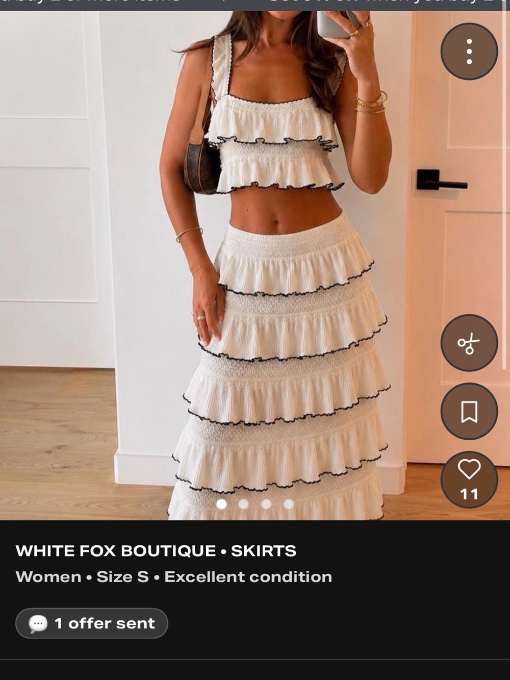 Boutique White Tiered Maxi Skirt with top set with Black Trim